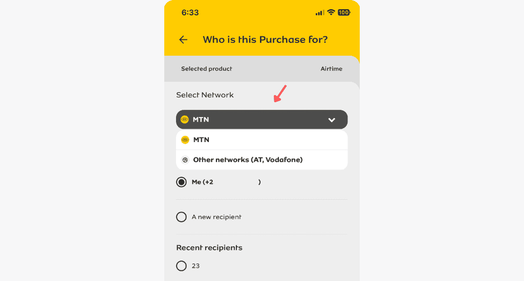 mymtn app select network for credit transfer