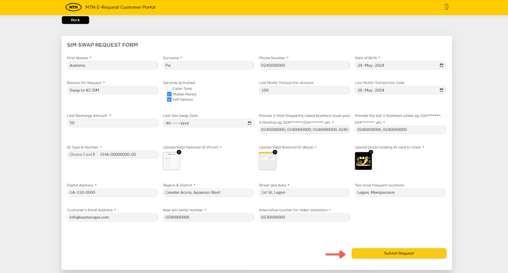 submit mtn sim swap request