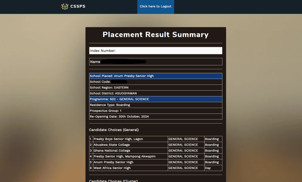 bece school placement results summary