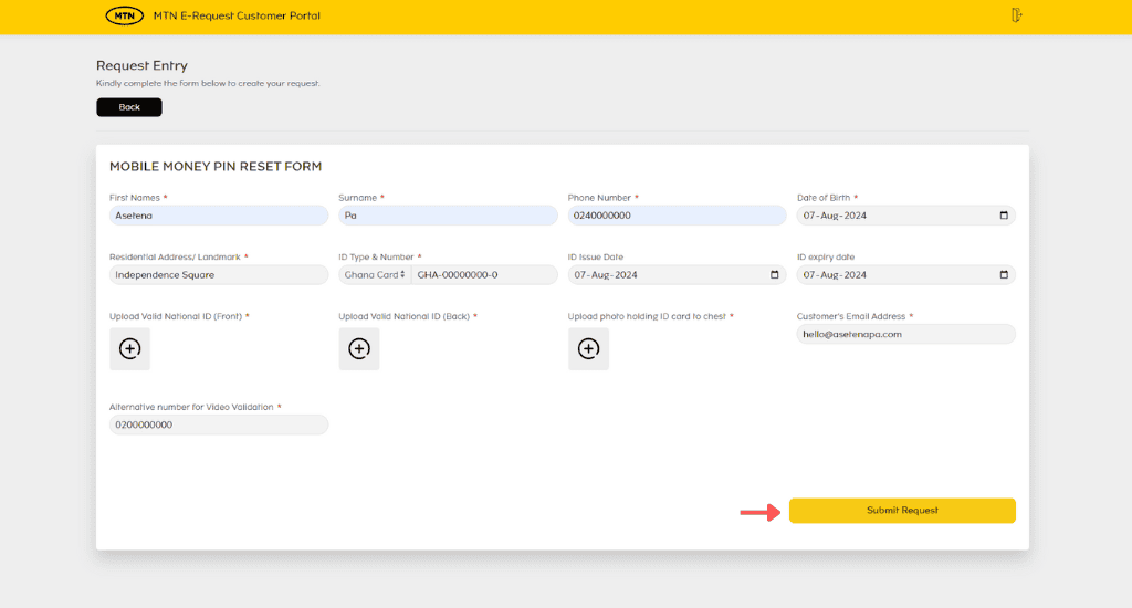 mtn mobile money pin request form